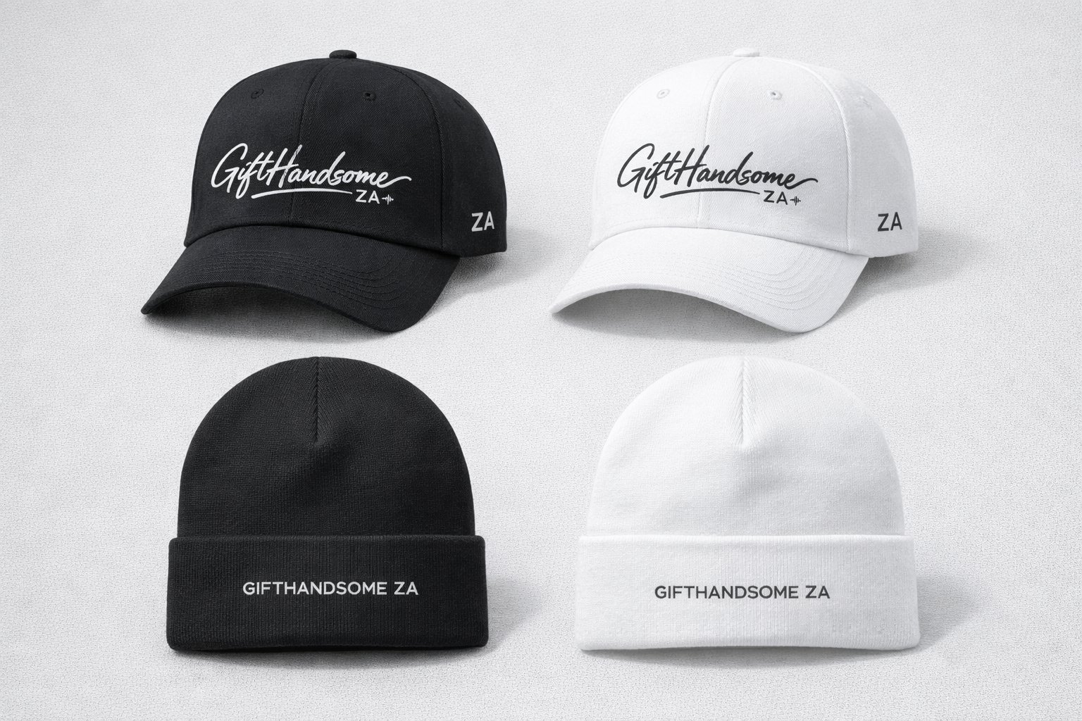 Caps and beanies in black and white